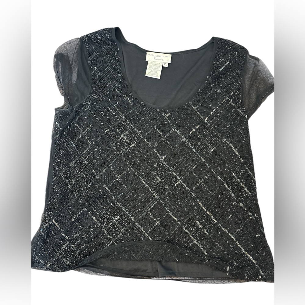 Papell Boutique Black Cap Sleeve Embellished Blouse